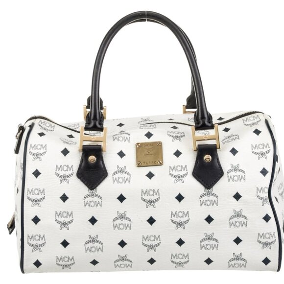 MCM Handbags - MCM White Visetos Top Handle Bag with Black Leather Trim & Gold Hardware